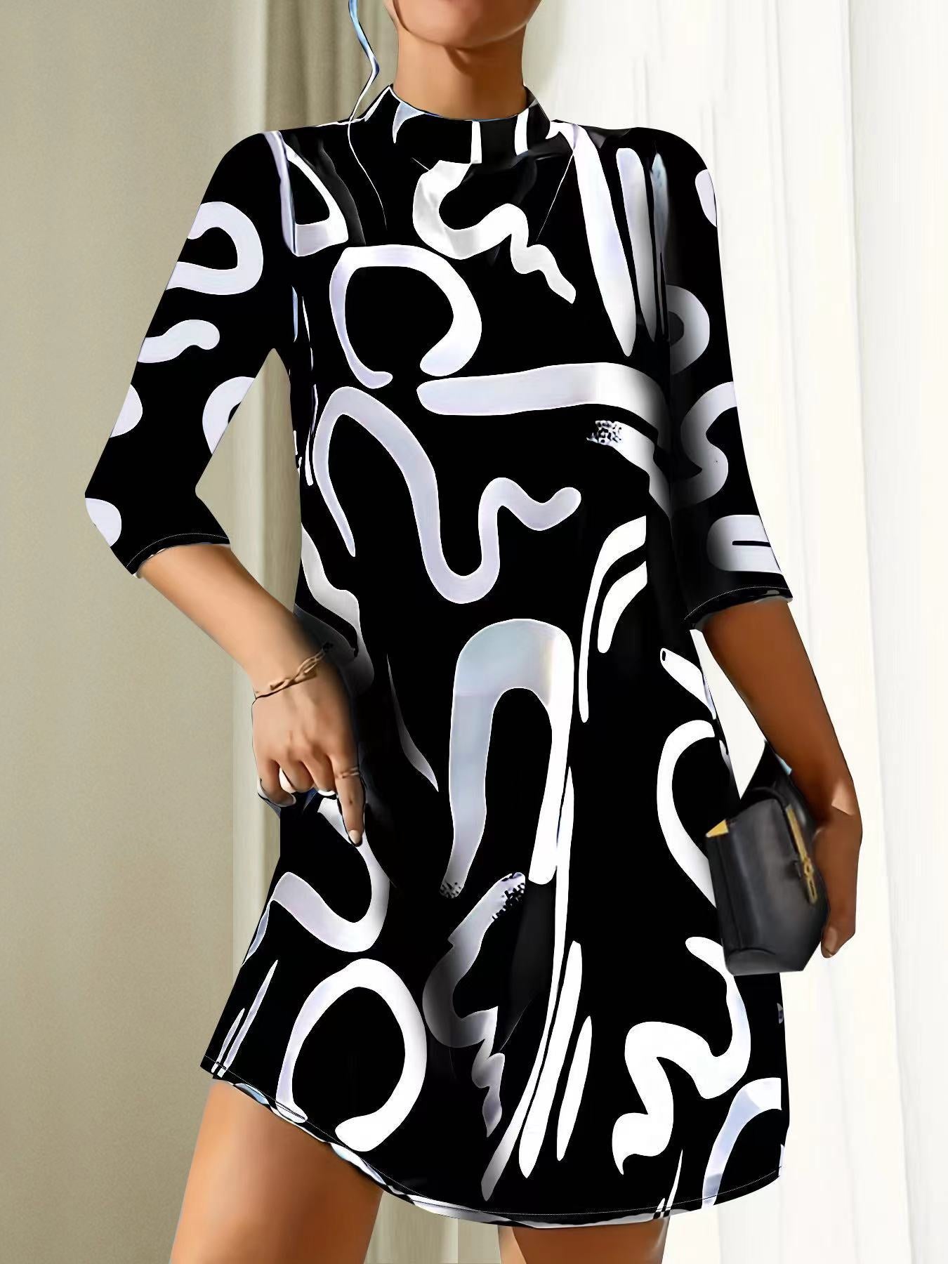 black 3/4 sleeve mini dress Women's Geometric Stand Collar Mini Dress 3 4 Length Sleeve Spring Fall