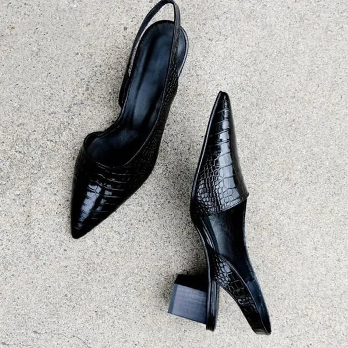 Women's Black Pointed Toe Slingback Pumps | Block Heel-1