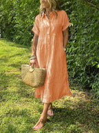 Women's Striped Midi Dress | Button-Down Short Sleeve-9