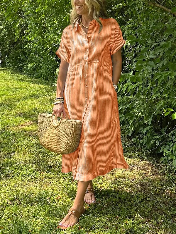 Women's Striped Midi Dress | Button-Down Short Sleeve-9