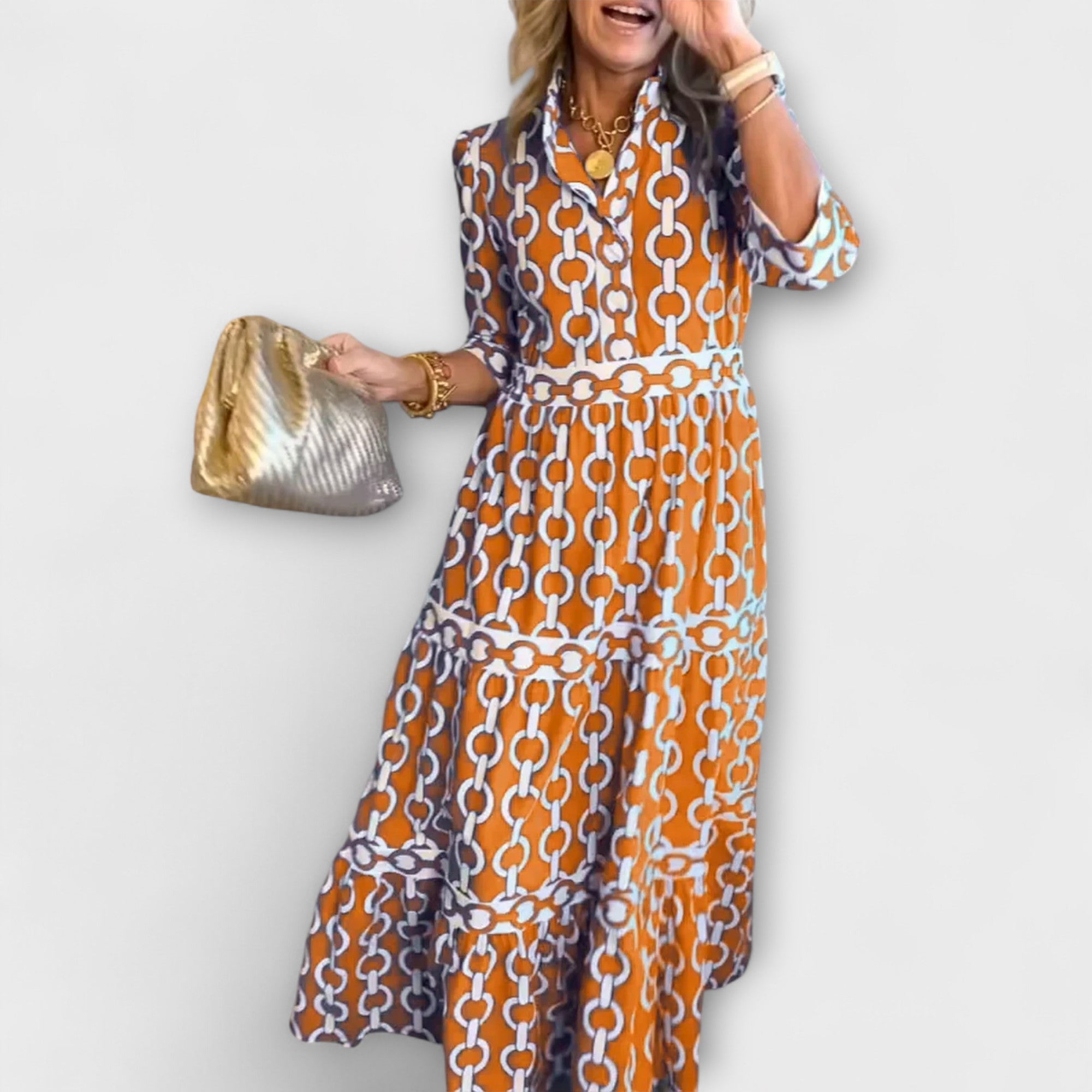 Women's Chain Print Maxi Dress | Tiered V-Neck-5