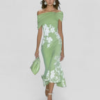 Women's Off Shoulder Floral Midi Dress | Green Bodycon-1