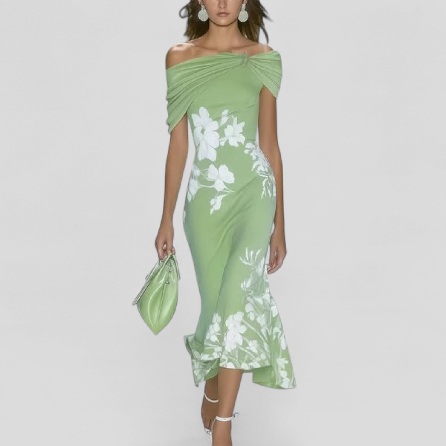Women's Off Shoulder Floral Midi Dress | Green Bodycon-1