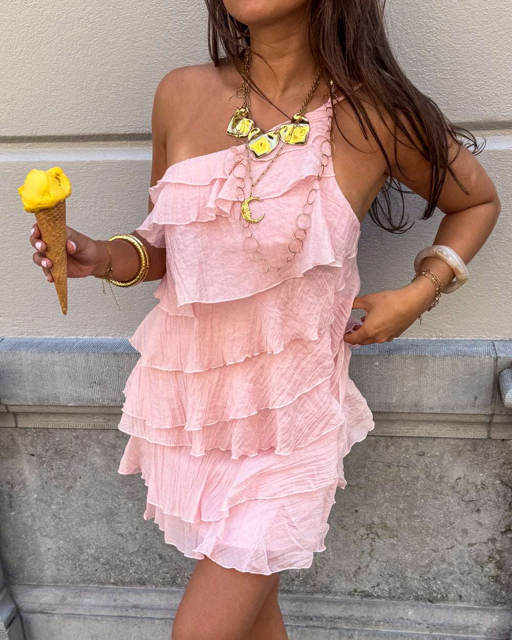 Women's asymmetric ruffle-tier mini summer dress
