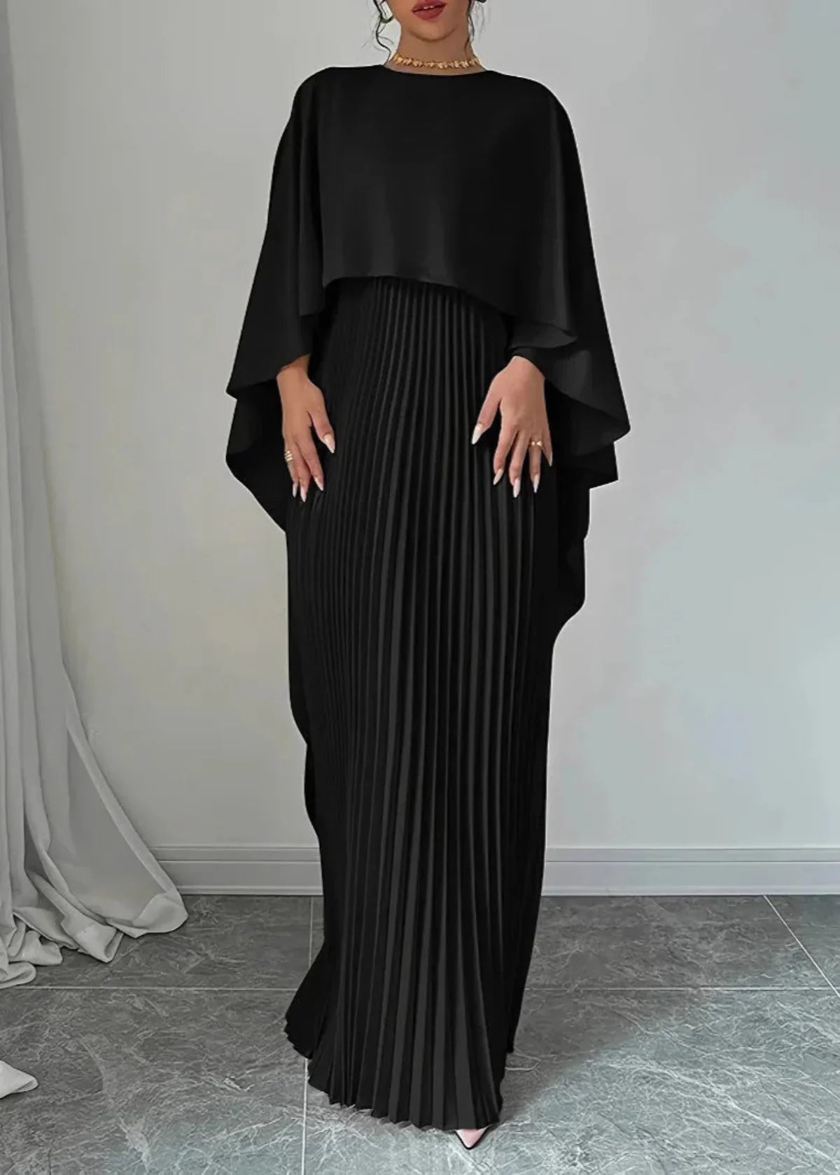 Women's Pleated Maxi Dress | Cape Overlay Evening Gown-5