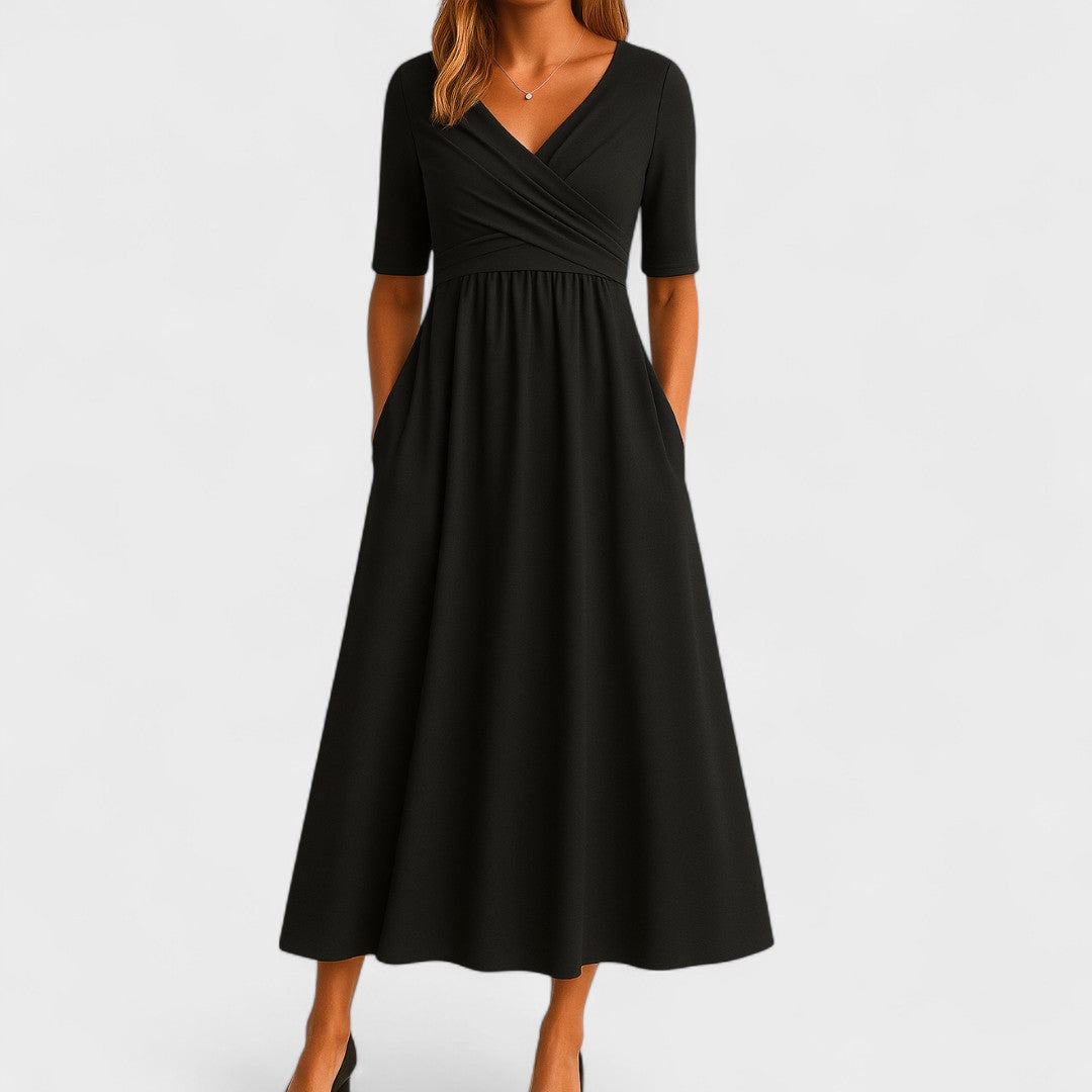 Women's Wrap V-Neck Midi Dress | Short Sleeve Pockets-4