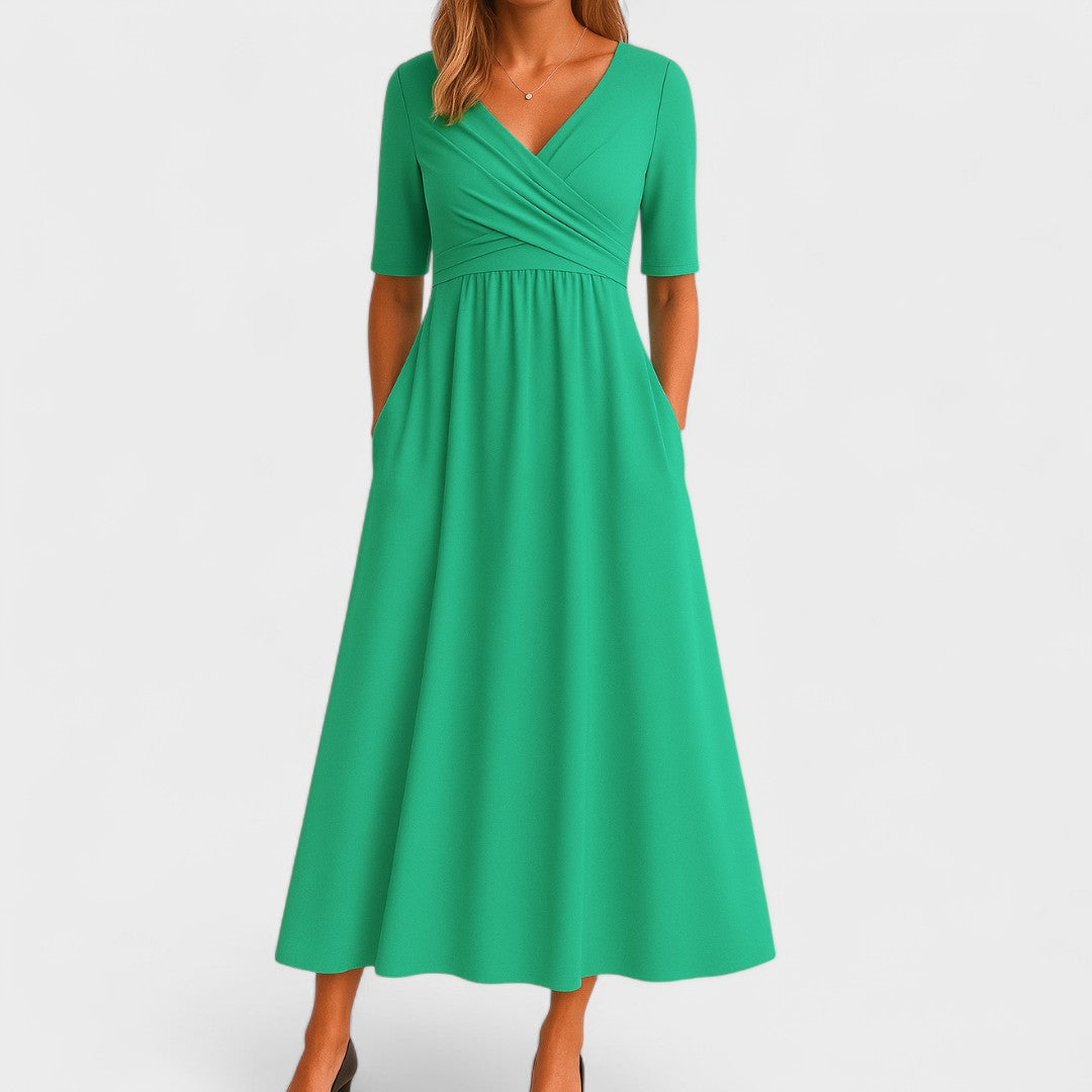 Women's Wrap V-Neck Midi Dress | Short Sleeve Pockets-7