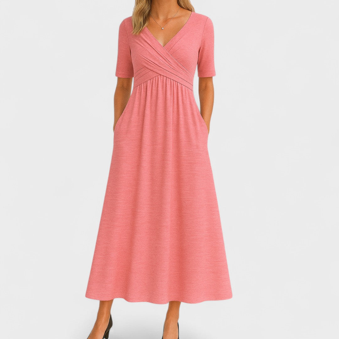 Women's Wrap V-Neck Midi Dress | Short Sleeve Pockets-9