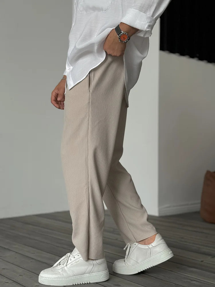 Men's Pleated Wide Leg Pants | Casual Ribbed-3