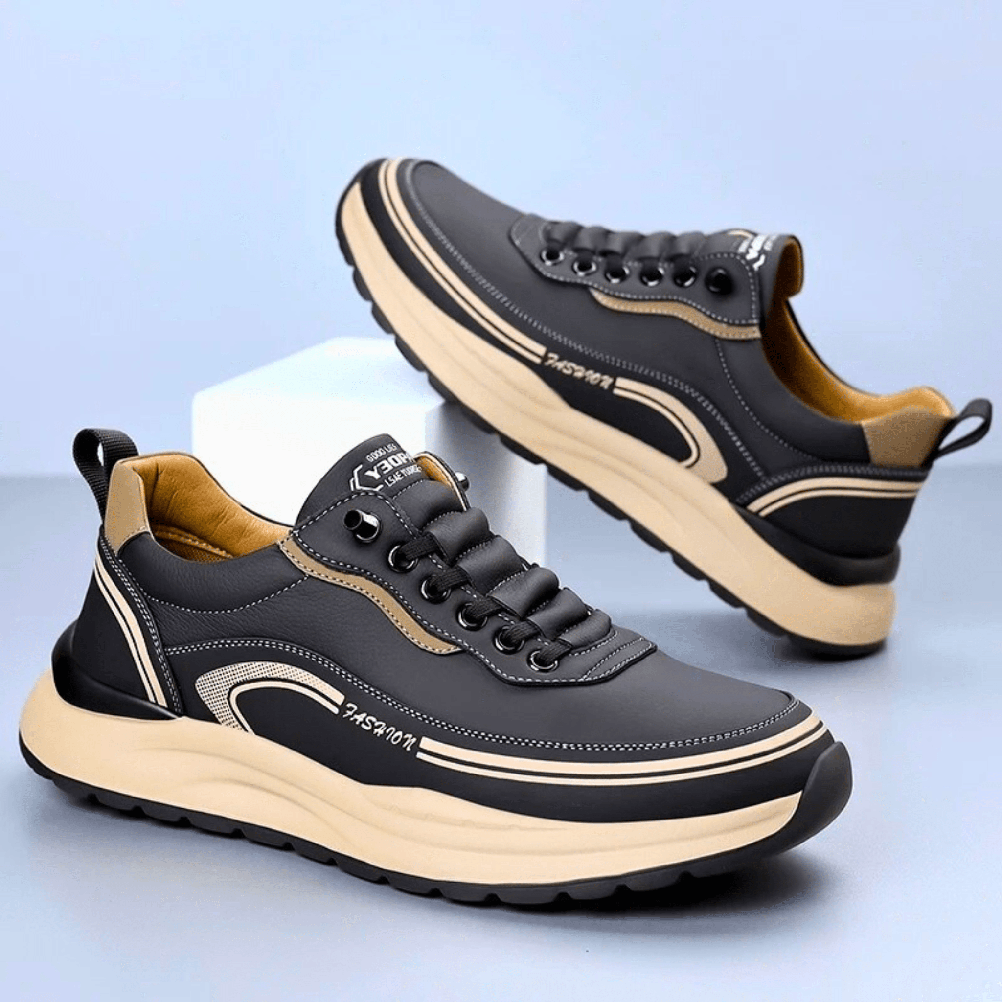Mens Casual Sneaker | Black Beige Platform-2
