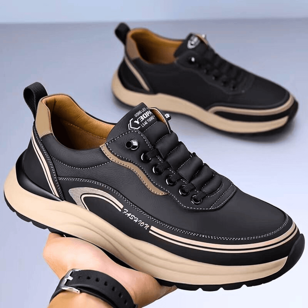 Mens Casual Sneaker | Black Beige Platform-3