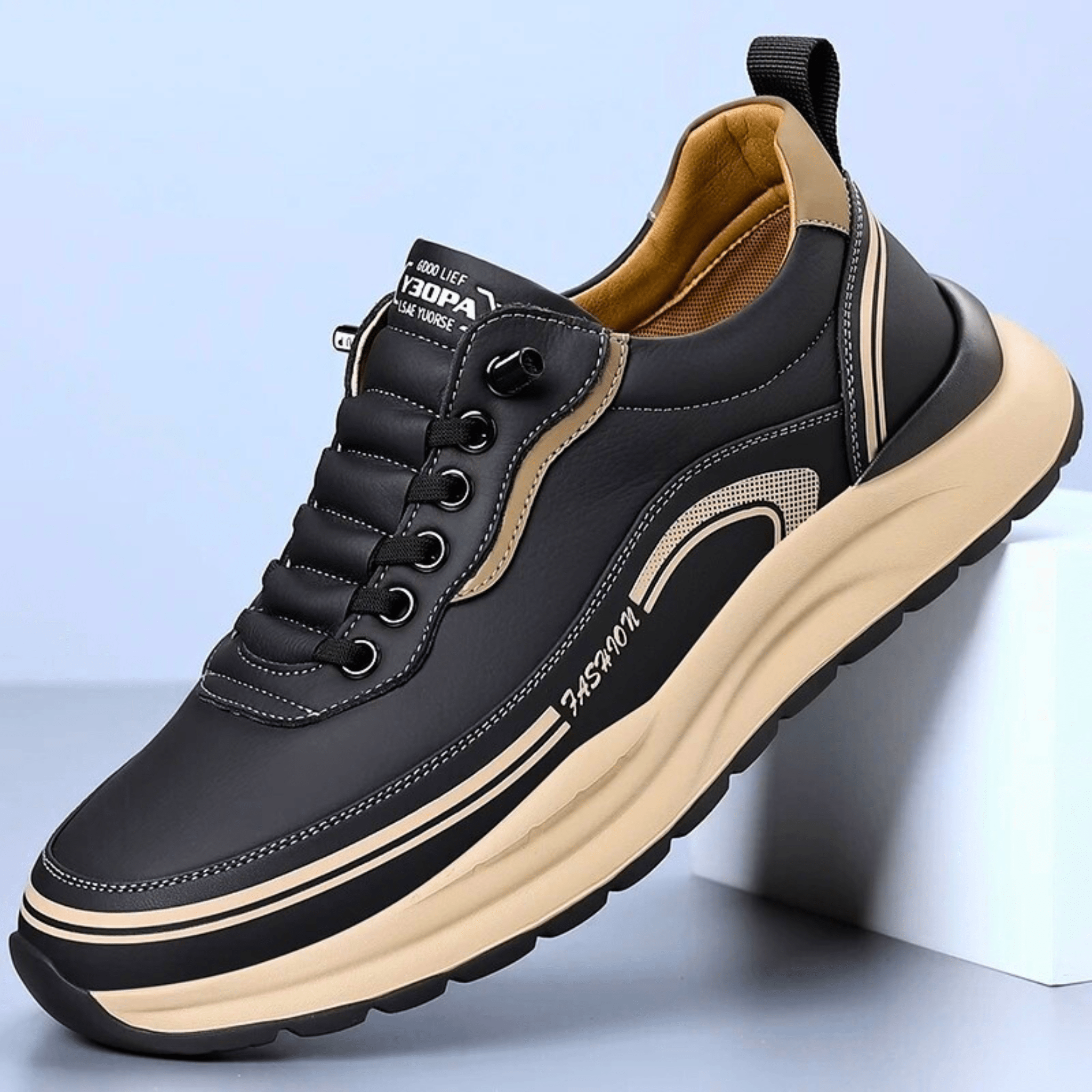 Mens Casual Sneaker | Black Beige Platform-1