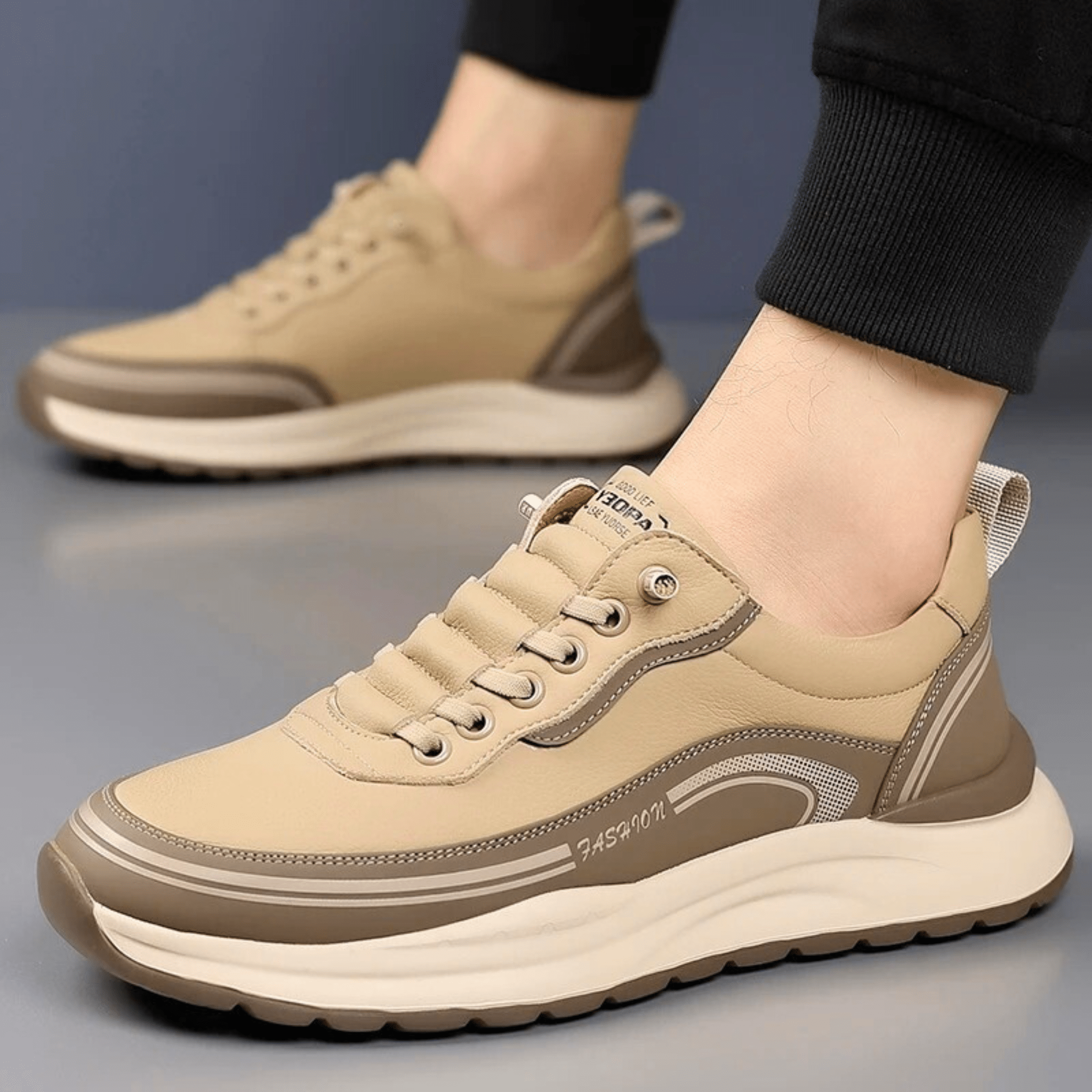 Mens Casual Sneaker | Black Beige Platform-12