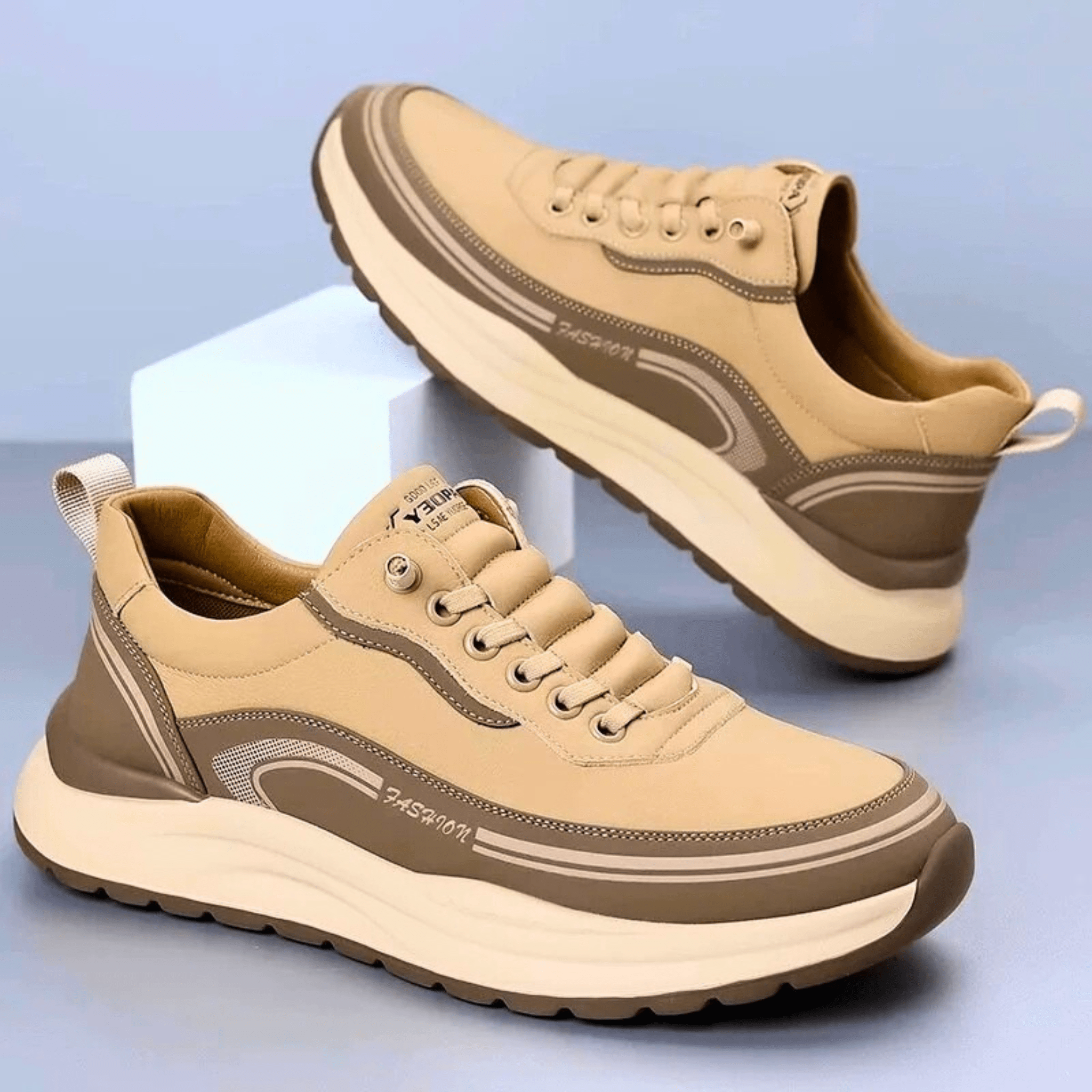 Mens Casual Sneaker | Black Beige Platform-9