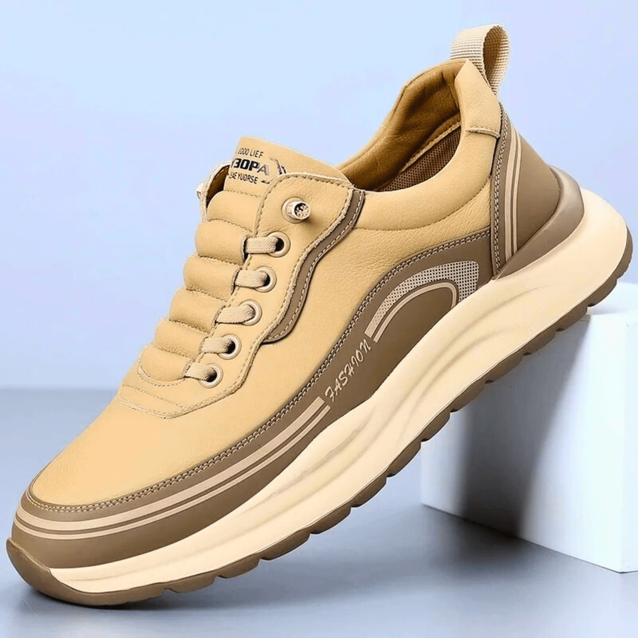 Mens Casual Sneaker | Black Beige Platform-8