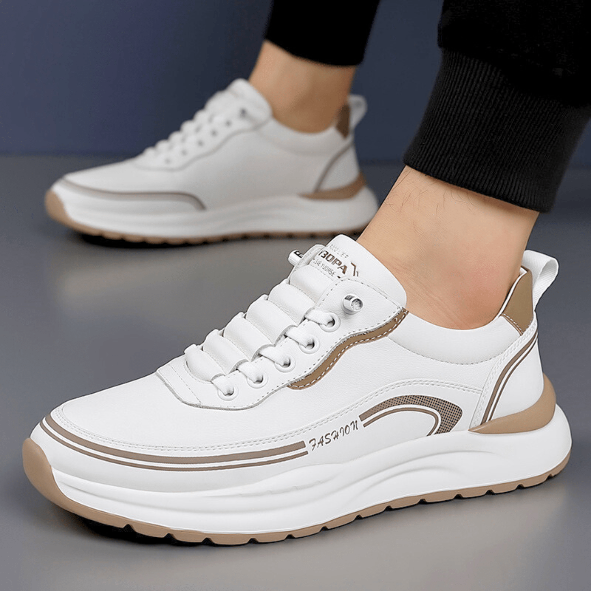 Mens Casual Sneaker | Black Beige Platform-11