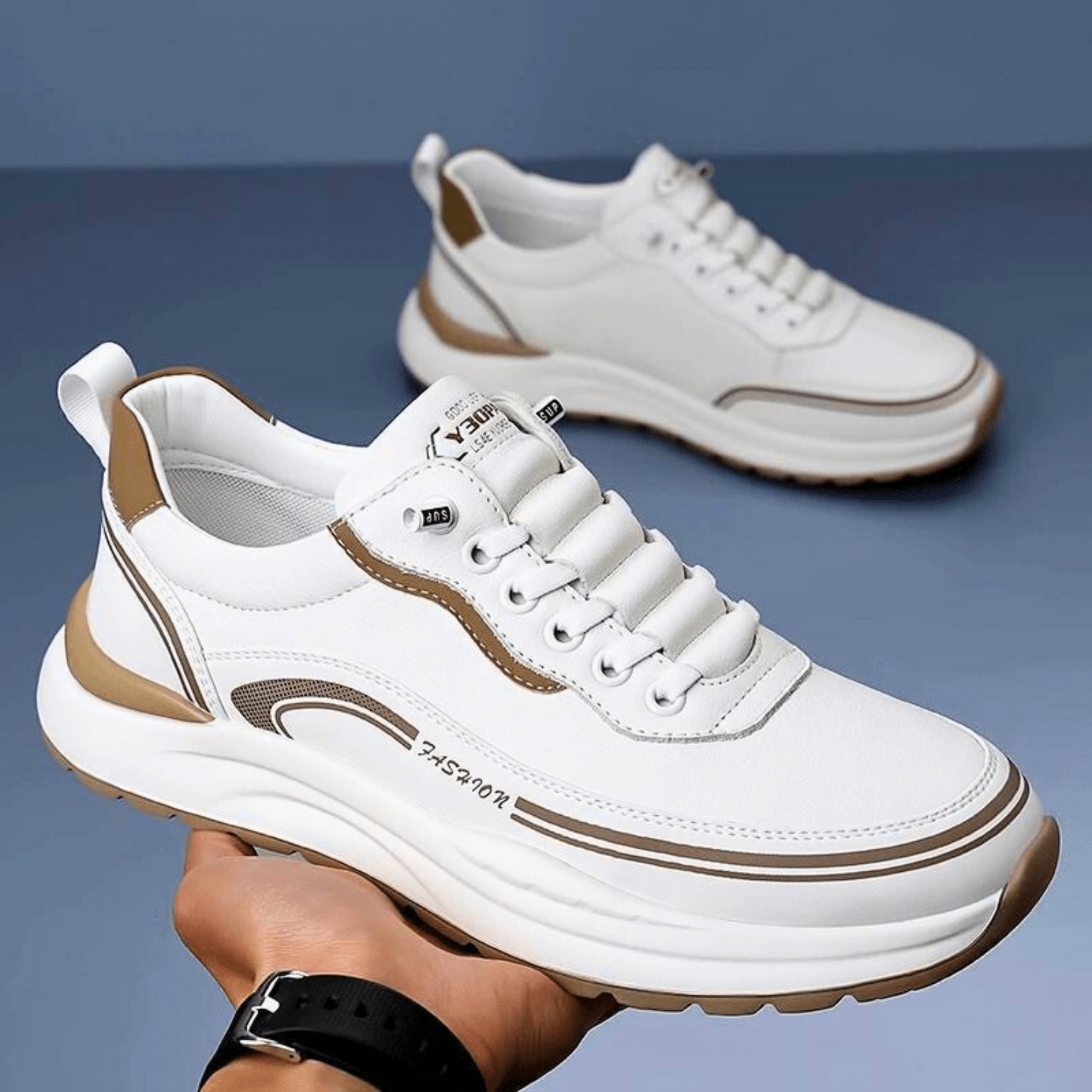 Mens Casual Sneaker | Black Beige Platform-6