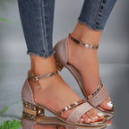 Women's Ankle Strap Block Heel Sandals | Gold Trim-4