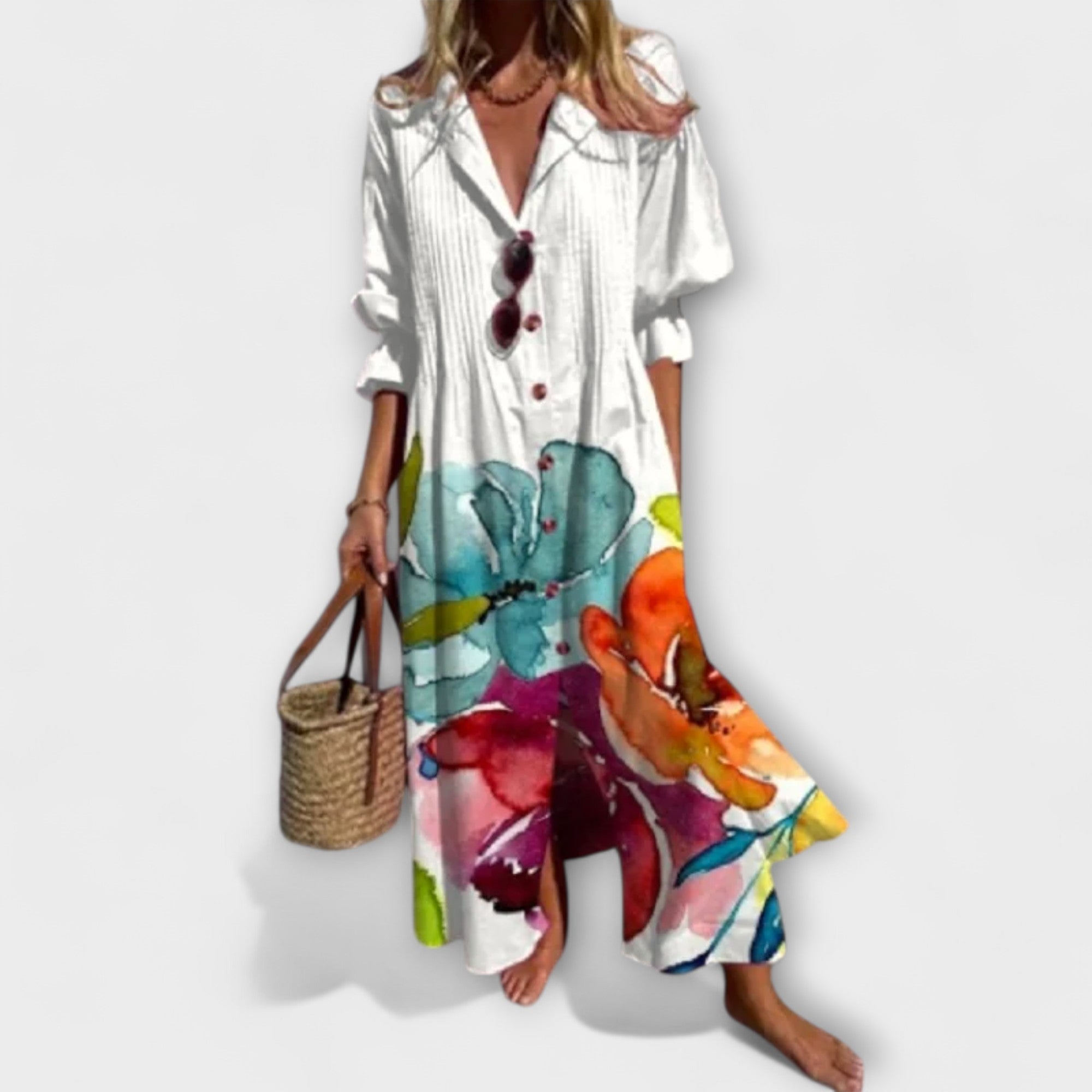 Women's Floral Maxi Dress | Button-Down V-Neck-7