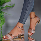 Women's Ankle Strap Block Heel Sandals | Gold Trim-6