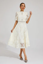 Women's Lace Midi Dress | Elegant White Cocktail Dress for Formal Occasions