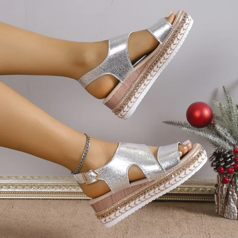 silver wedge dress shoes Women's Metallic Platform Sandals