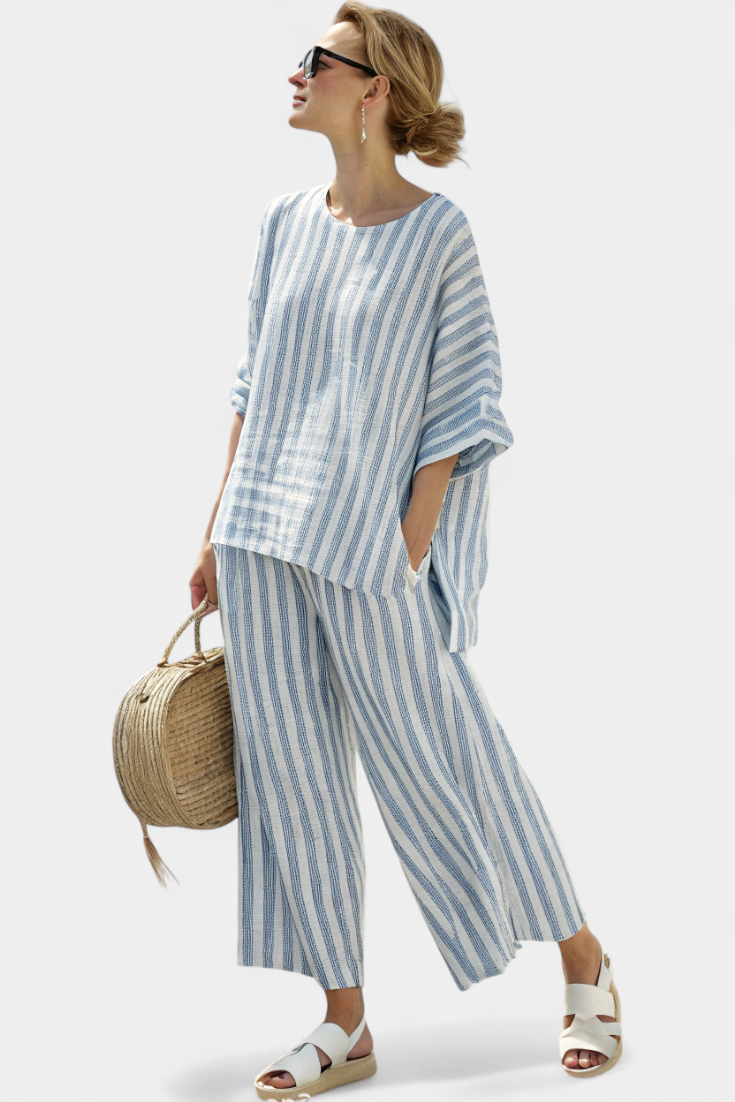 Women's Striped Linen Two Piece Set | Relaxed Summer Loungewear with Wide-Leg Pants 0