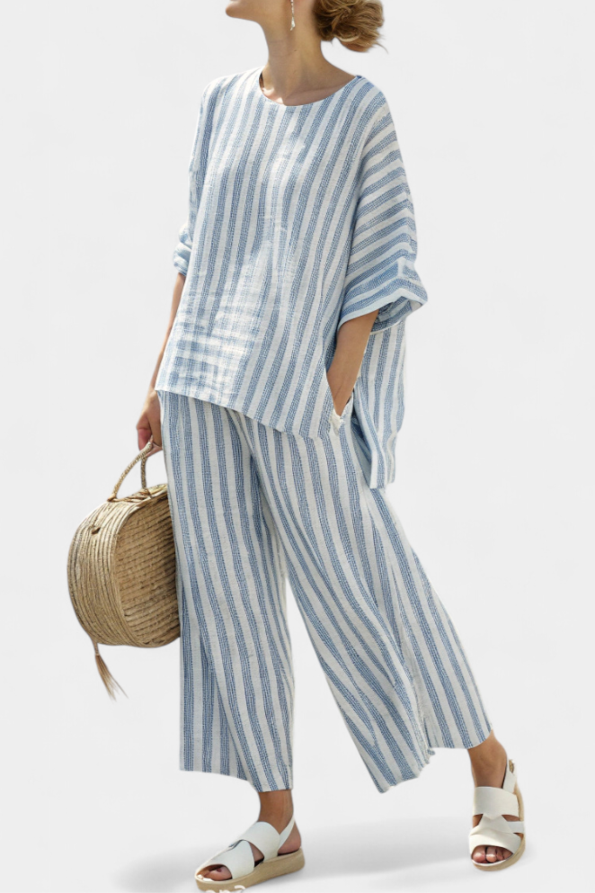 Women's Striped Linen Two Piece Set | Relaxed Summer Loungewear with Wide-Leg Pants 1