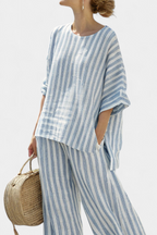 Women's Striped Linen Two Piece Set | Relaxed Summer Loungewear with Wide-Leg Pants 2