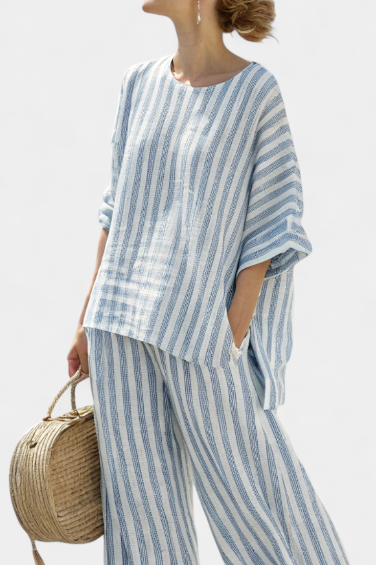 Women's Striped Linen Two Piece Set | Relaxed Summer Loungewear with Wide-Leg Pants 2