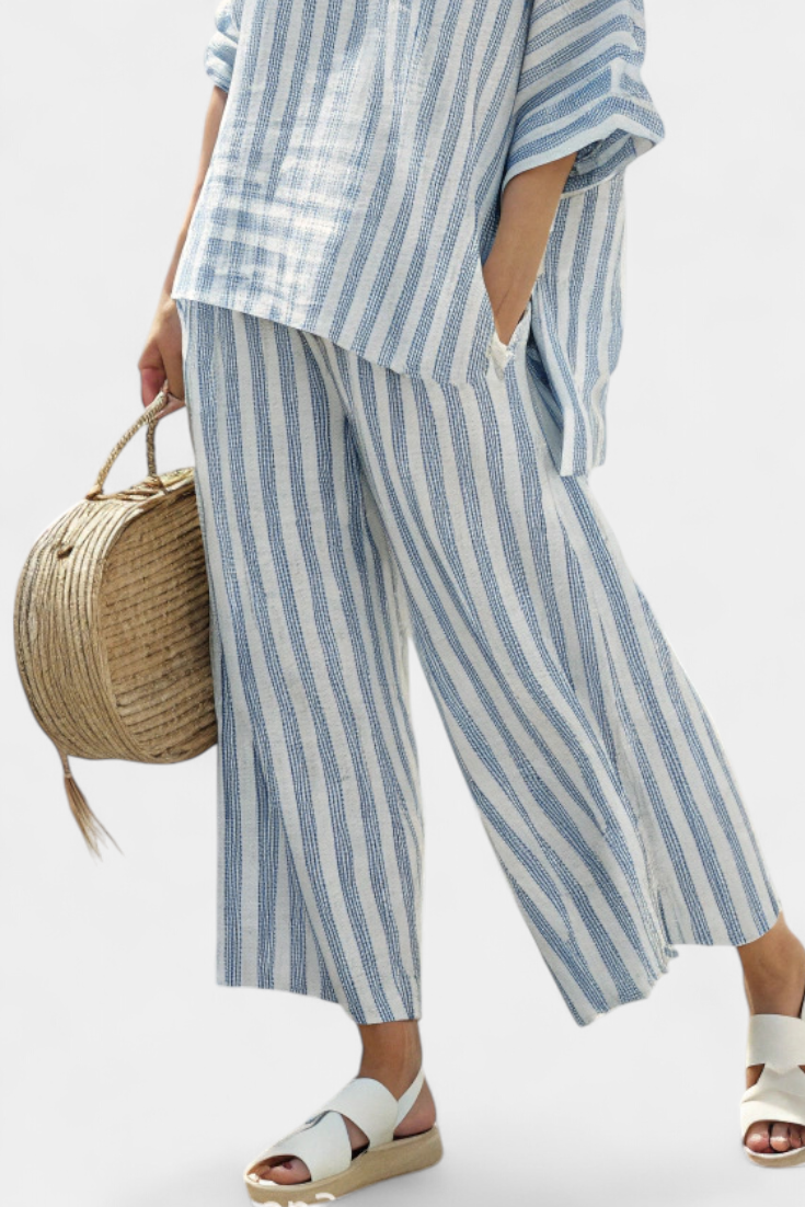 Women's Striped Linen Two Piece Set | Relaxed Summer Loungewear with Wide-Leg Pants 3