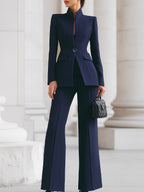 Women's Tailored Blazer Suit Set | Elegant Stand Collar & Wide Leg Pants 0