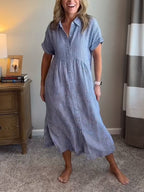 Women's Striped Midi Dress | Button-Down Short Sleeve-11