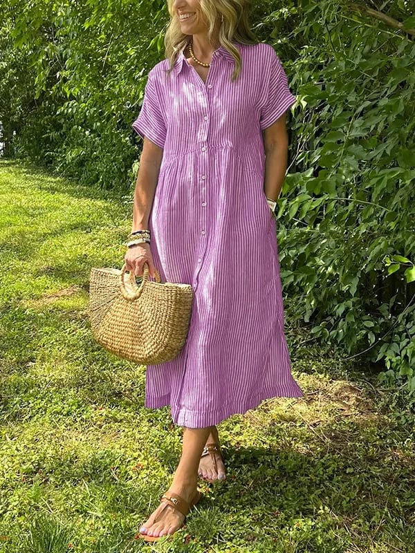 Women's Striped Midi Dress | Button-Down Short Sleeve-6