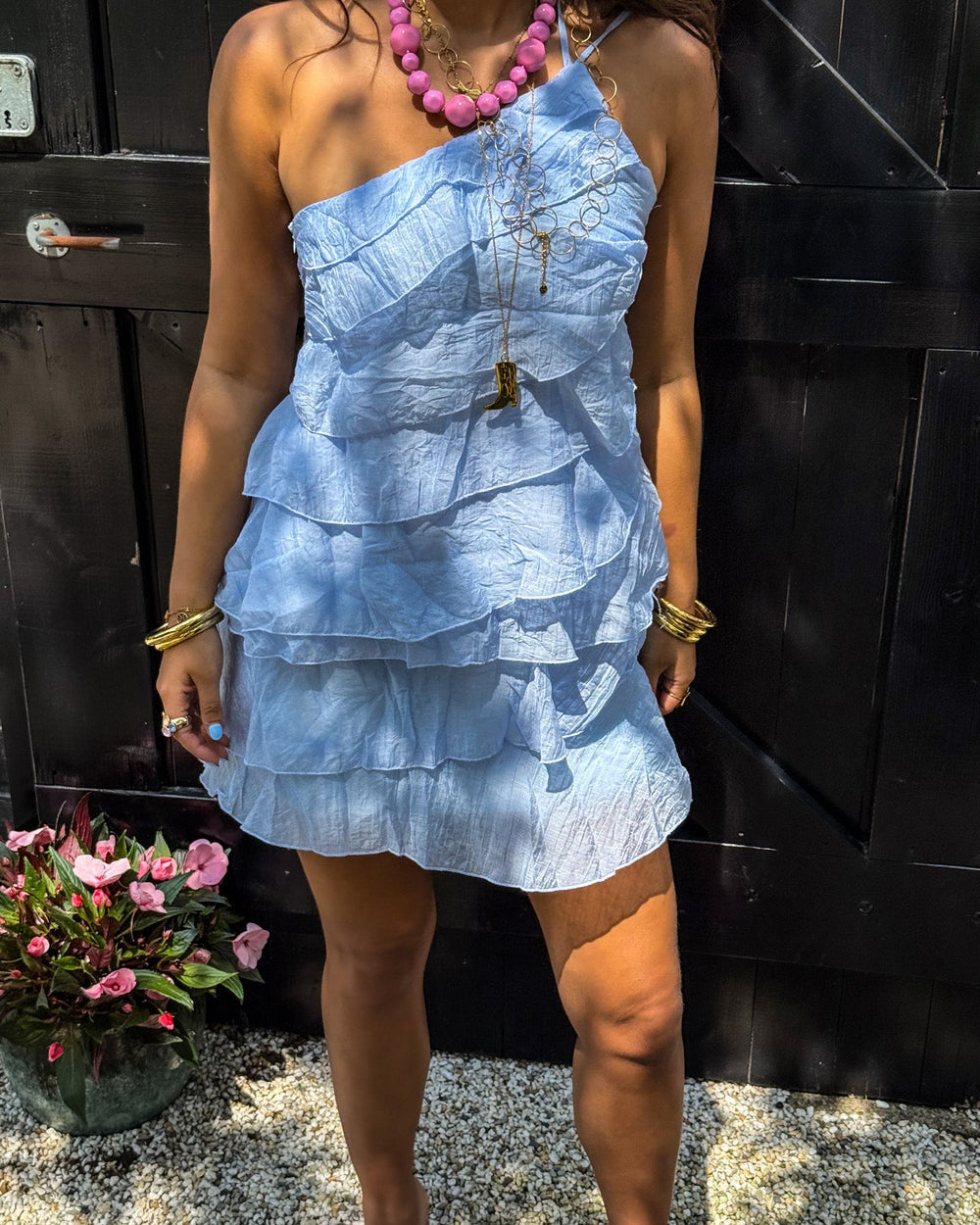 Women's asymmetric ruffle-tier mini summer dress