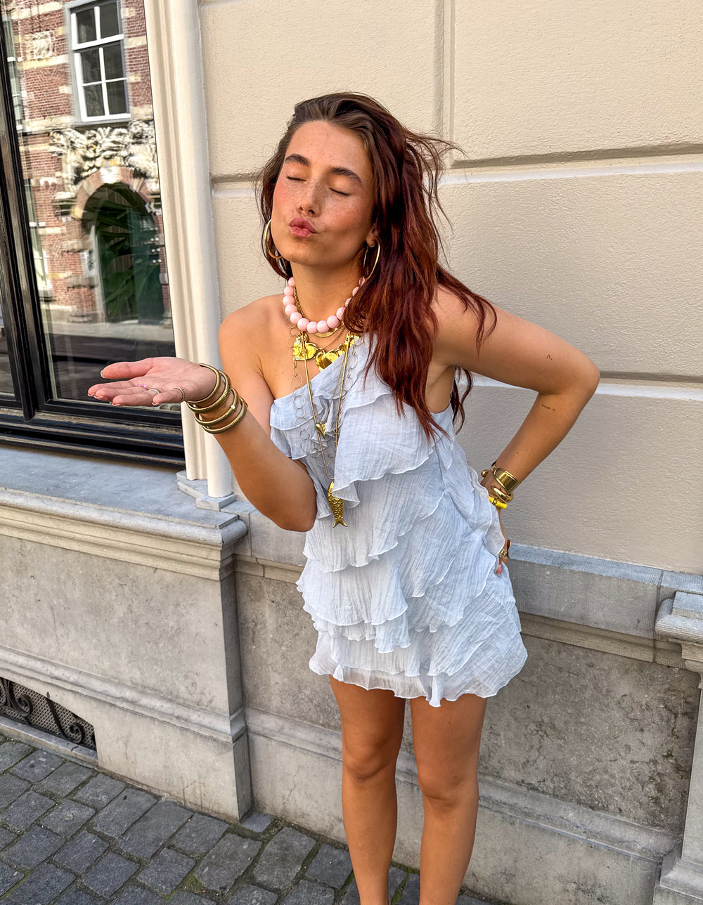 Women's asymmetric ruffle-tier mini summer dress