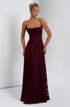Women's floral appliqué cowl-neck maxi wedding guest dress