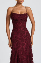 Women's floral appliqué cowl-neck maxi wedding guest dress