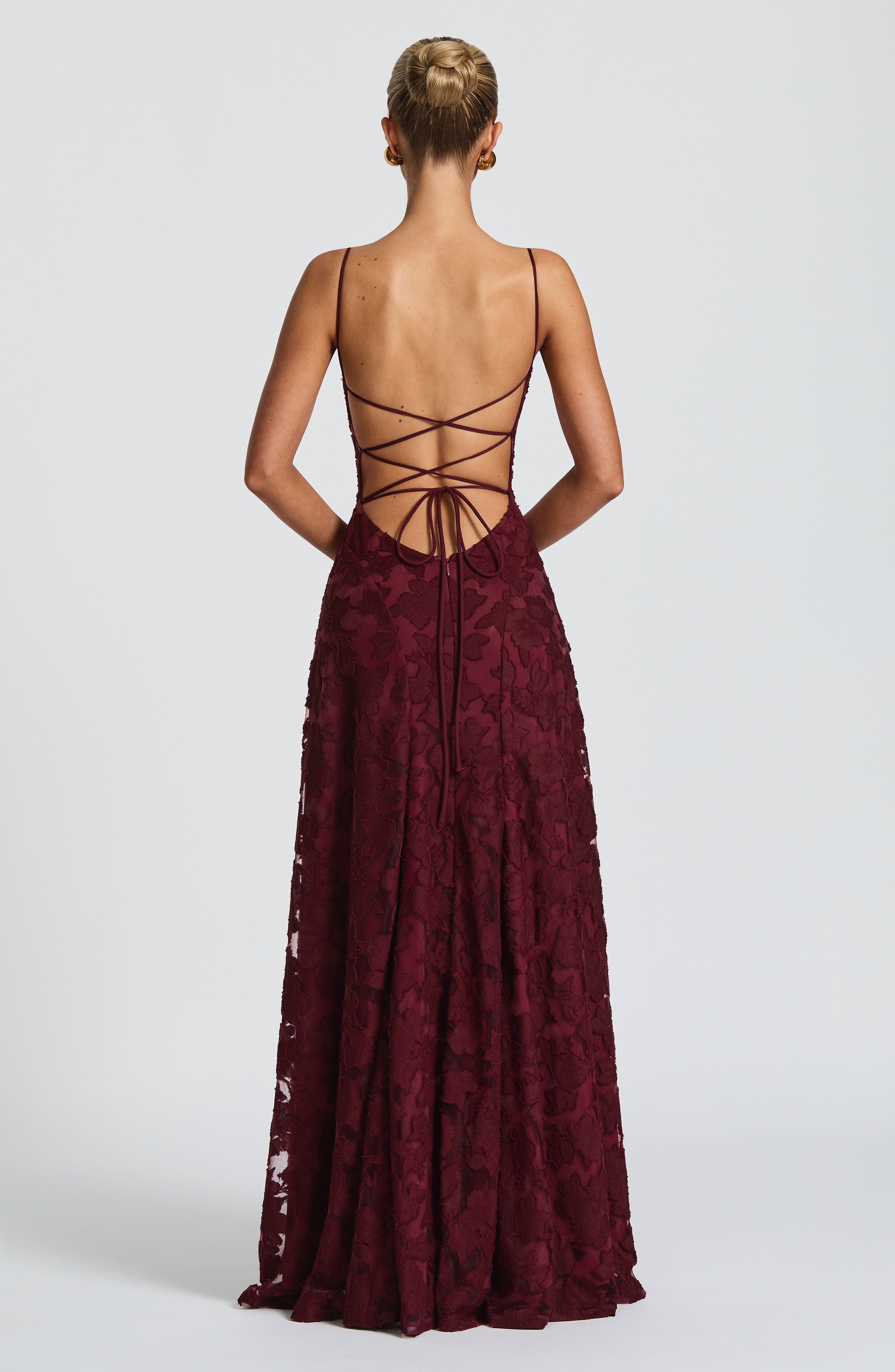 Women's floral appliqué cowl-neck maxi wedding guest dress