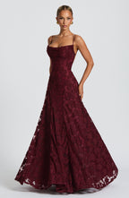 Women's floral appliqué cowl-neck maxi wedding guest dress