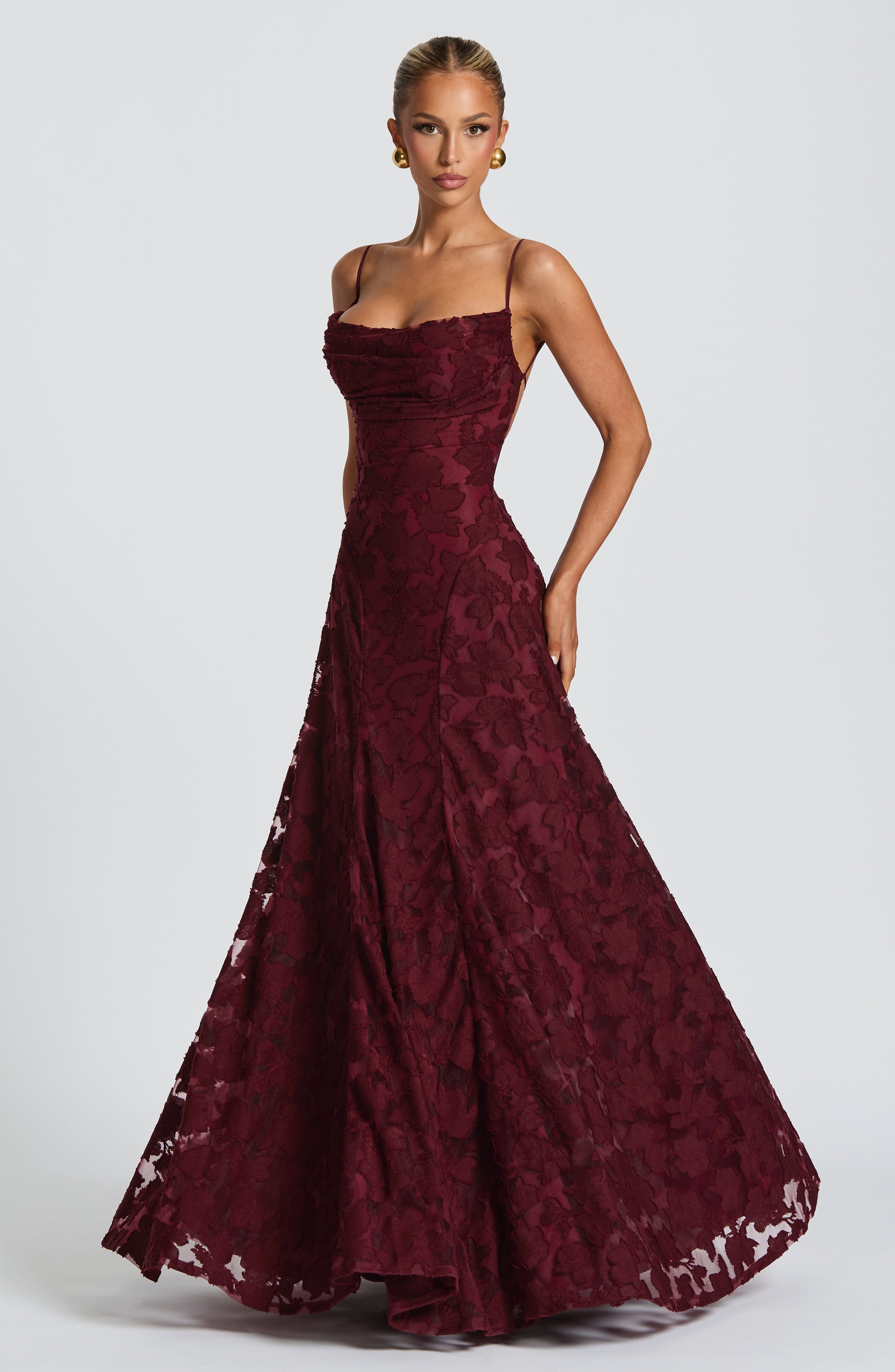Women's floral appliqué cowl-neck maxi wedding guest dress