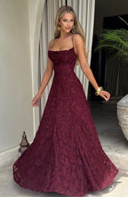 Women's floral appliqué cowl-neck maxi wedding guest dress