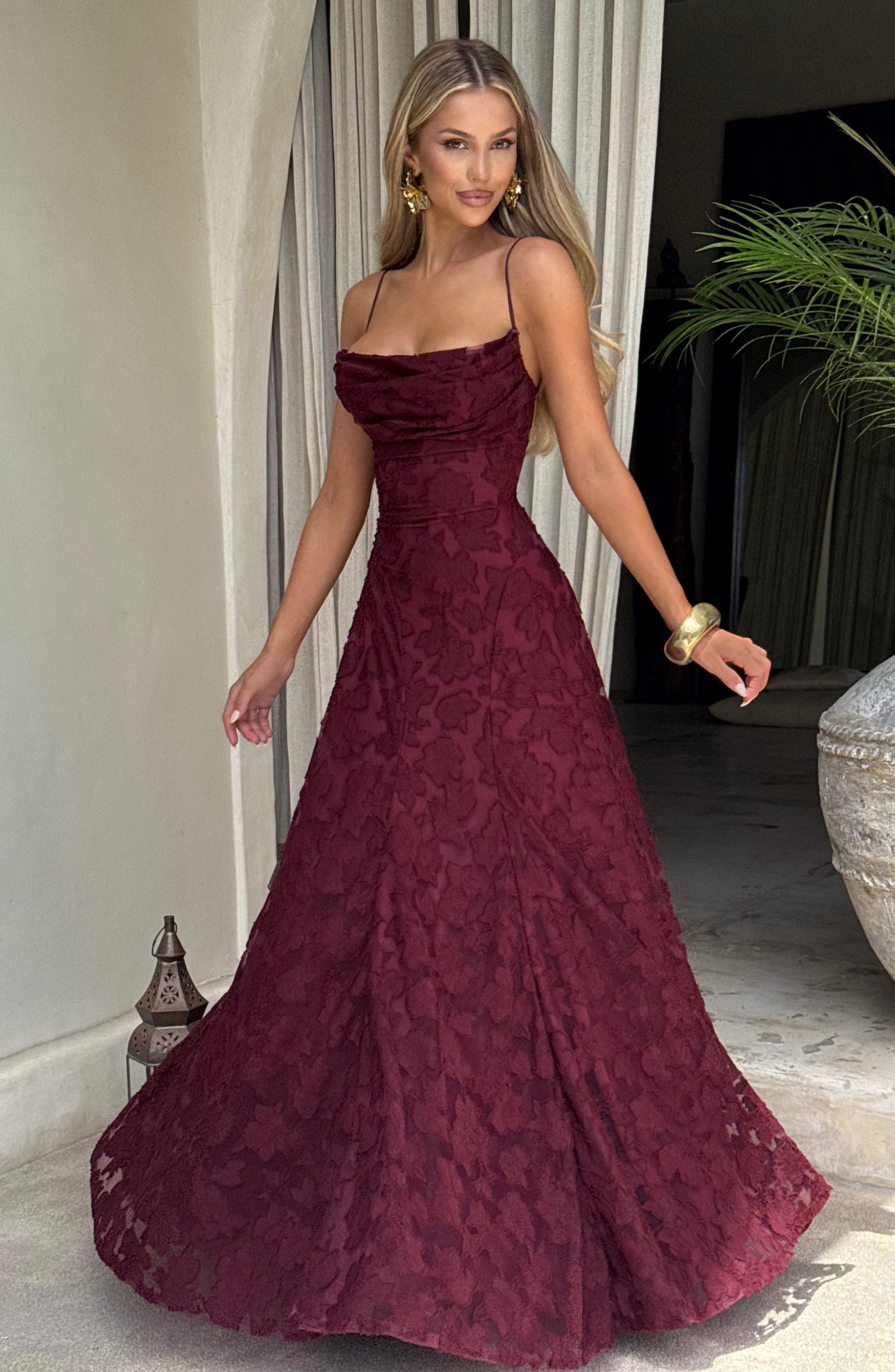 Women's floral appliqué cowl-neck maxi wedding guest dress