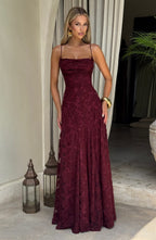 Women's floral appliqué cowl-neck maxi wedding guest dress