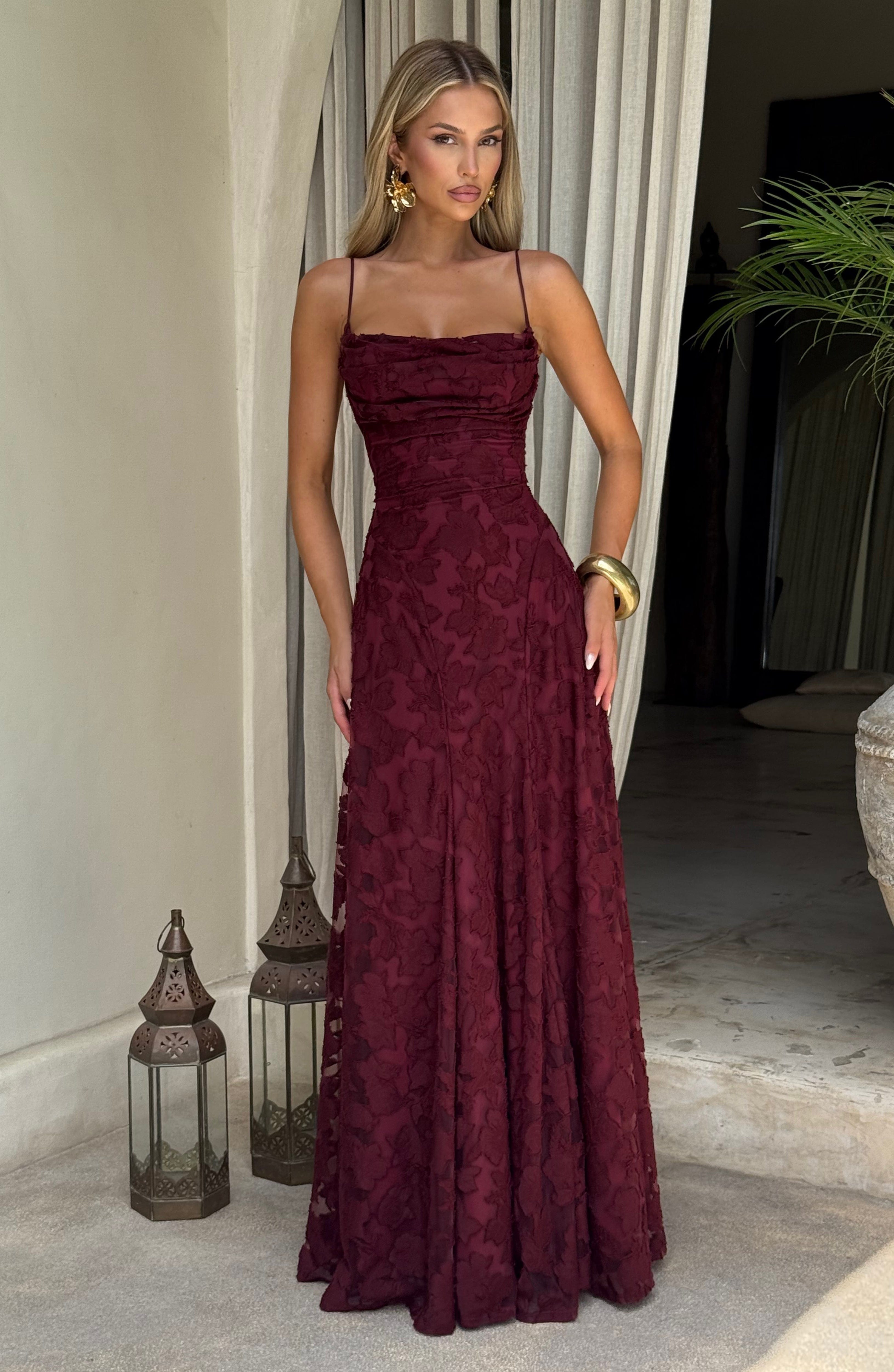 Women's floral appliqué cowl-neck maxi wedding guest dress