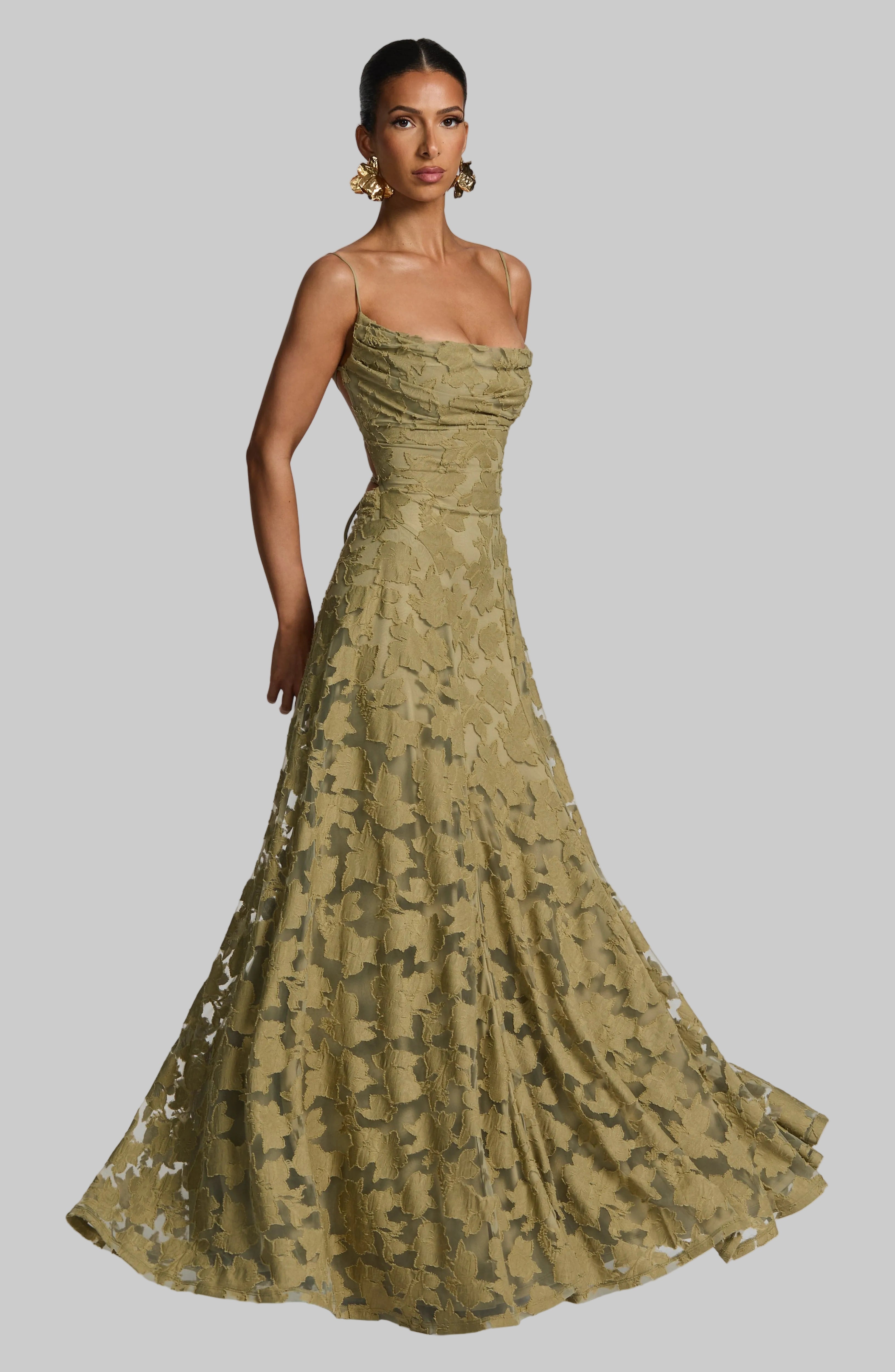 Women's floral appliqué cowl-neck maxi wedding guest dress