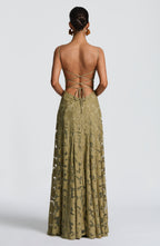Women's floral appliqué cowl-neck maxi wedding guest dress