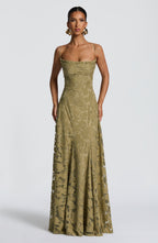 Women's floral appliqué cowl-neck maxi wedding guest dress