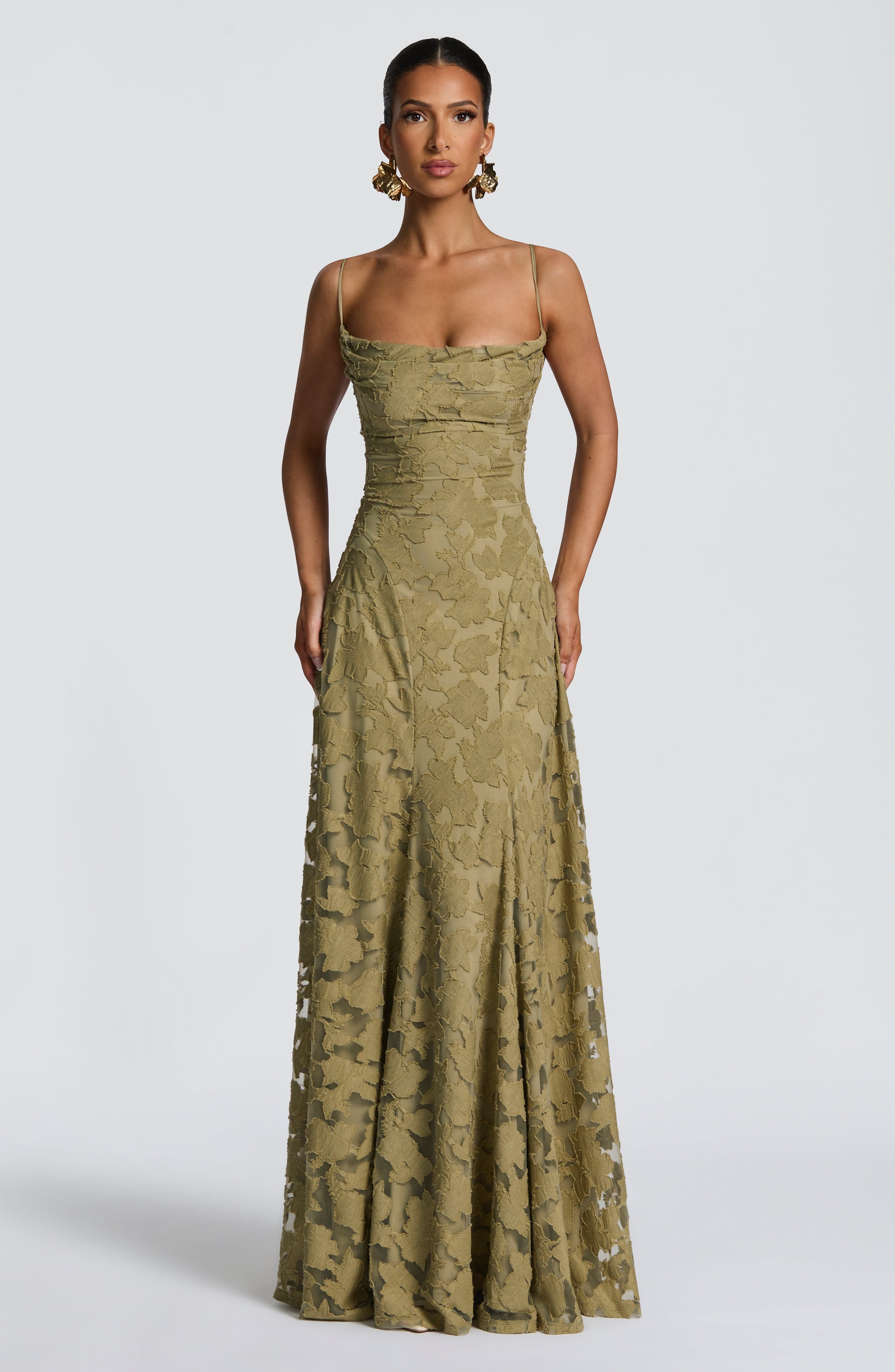 Women's floral appliqué cowl-neck maxi wedding guest dress
