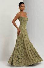 Women's floral appliqué cowl-neck maxi wedding guest dress